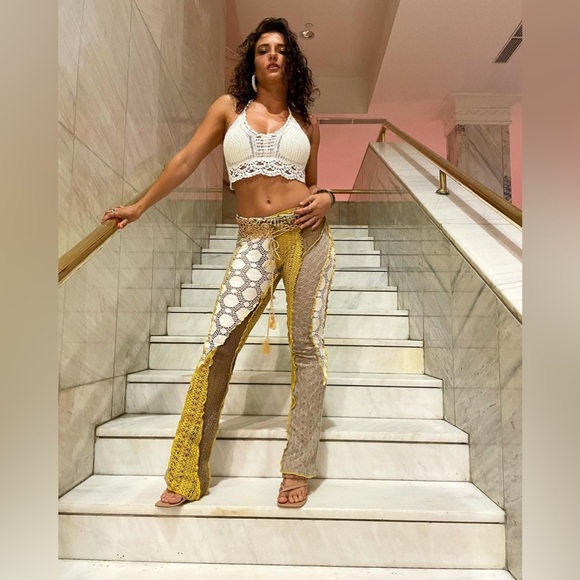 Jaded London Yellow White Crochet Knit Boho Bohemian Lace Low Rise Pants - Picture 4 of 12